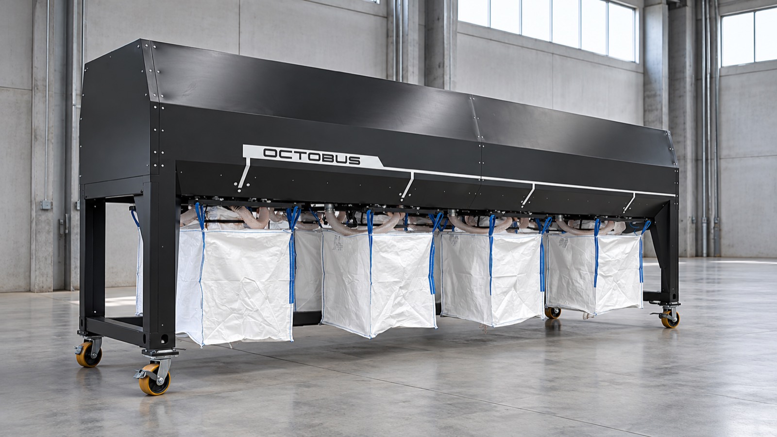 Illustrative Rekonstruktion von OCTOBUS mit abnehmbaren Sammelsäcken in einer Industriehalle