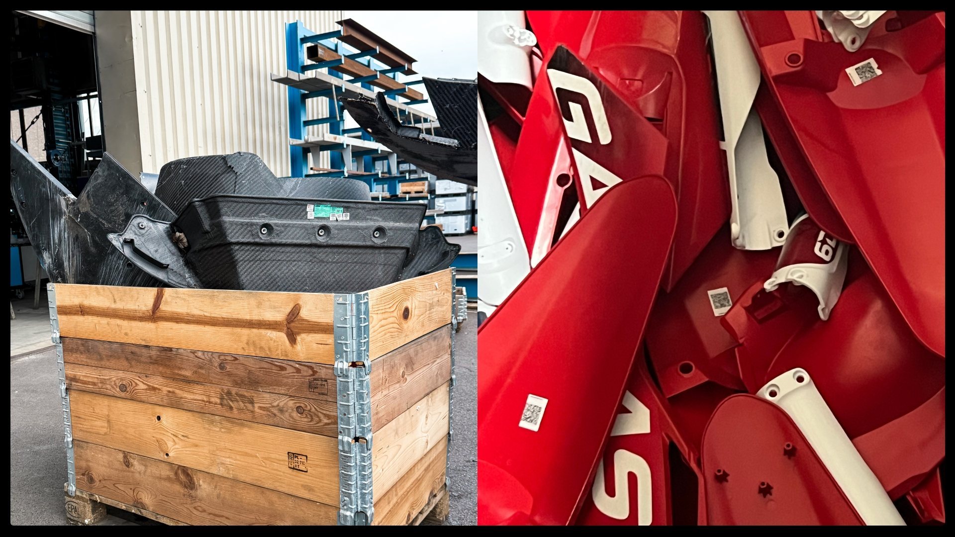 Motorcycle parts and recovered composite material shown in the original project materials